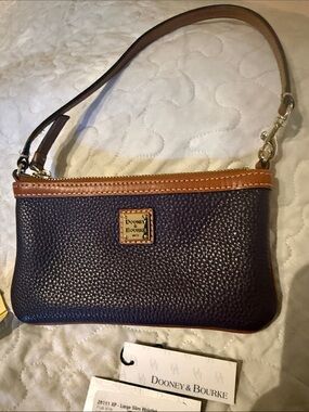 Dooney & Bourke Dark Brown Pebbled Leather Wristlet with Tan Trim